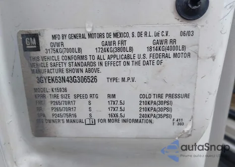 2003 Cadillac Escalade Ext Standard z USA, uszkodzony, nr VIN 3GYEK63N43G306526